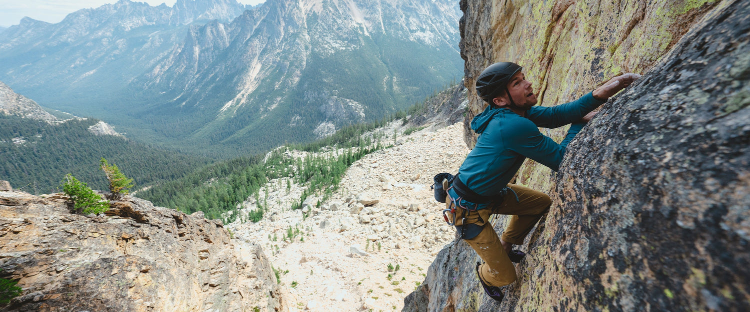A climber lead climbing in Mazama, WA