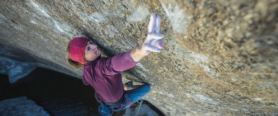 BD athlete Babsi Zangerl reaches for a hold on Meltdown in Yosemite