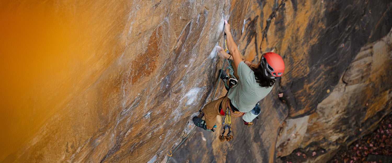 A climber trad climbing in Chattanooga, TN