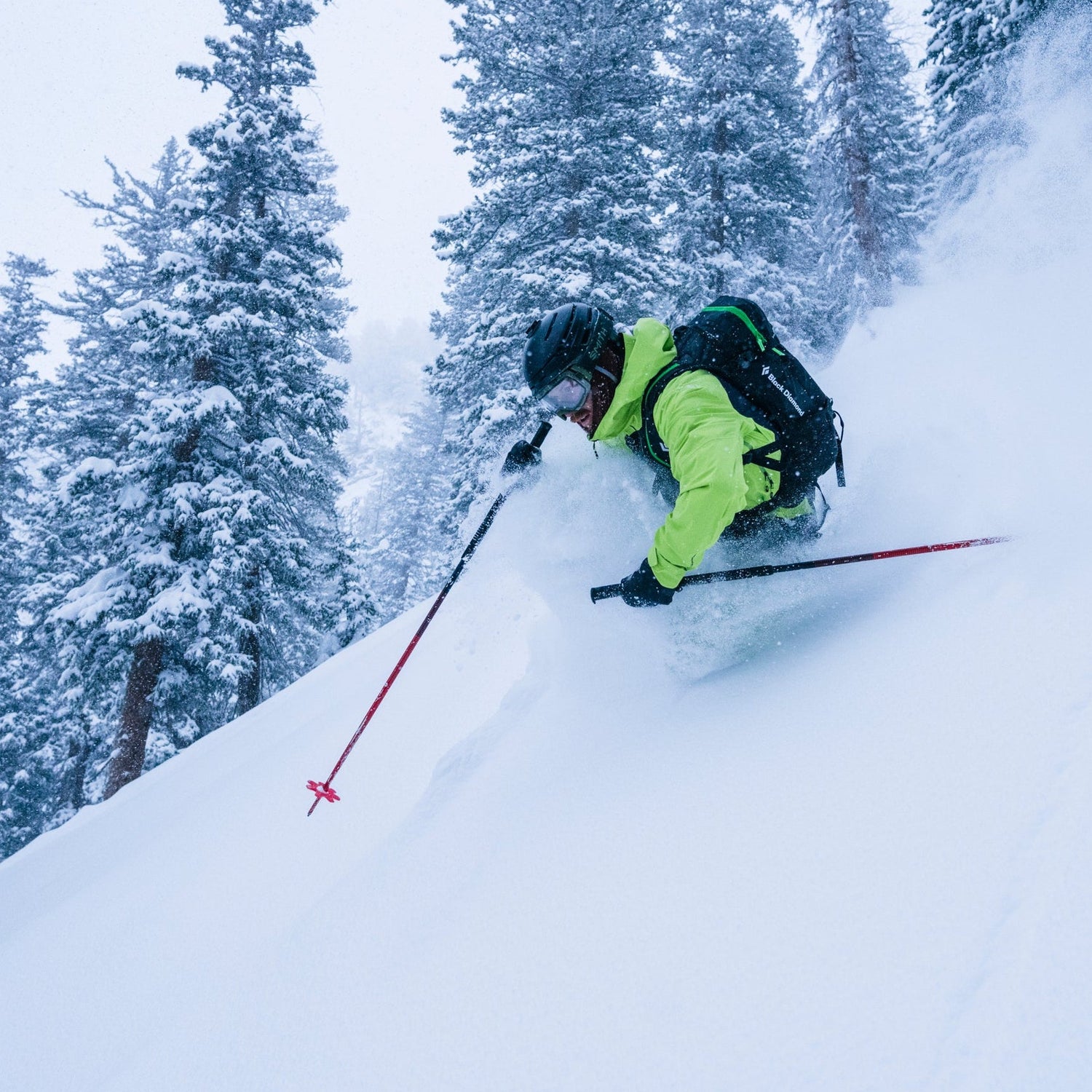 A skier wears Black Diamond pants and bib in powder.