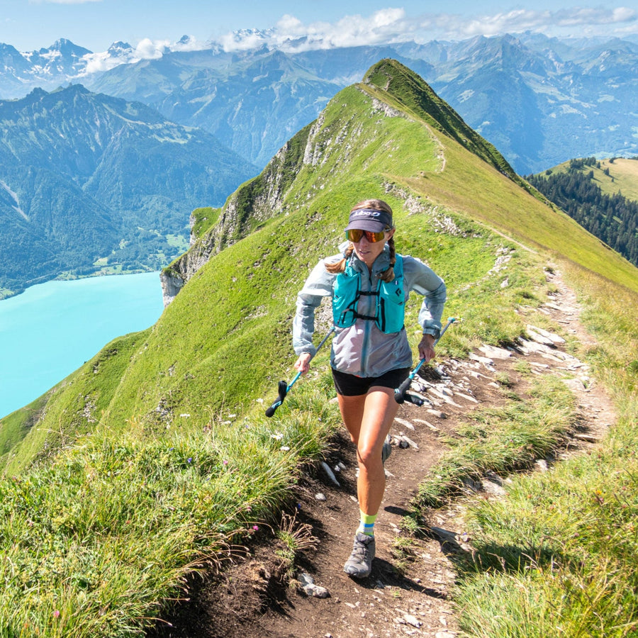 A runner on a ridge in the Alps.